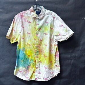 Denim & Flower NWT Tie Dyed Pink Flamingos Cotton Aloha Shirt Size Large Hawaii